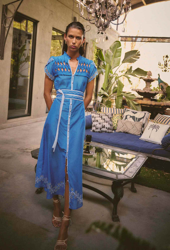 Xanthia Diamond Smock Yoke Silk Cotton Embroidered Dress in Blue Topaz Dress Once Was