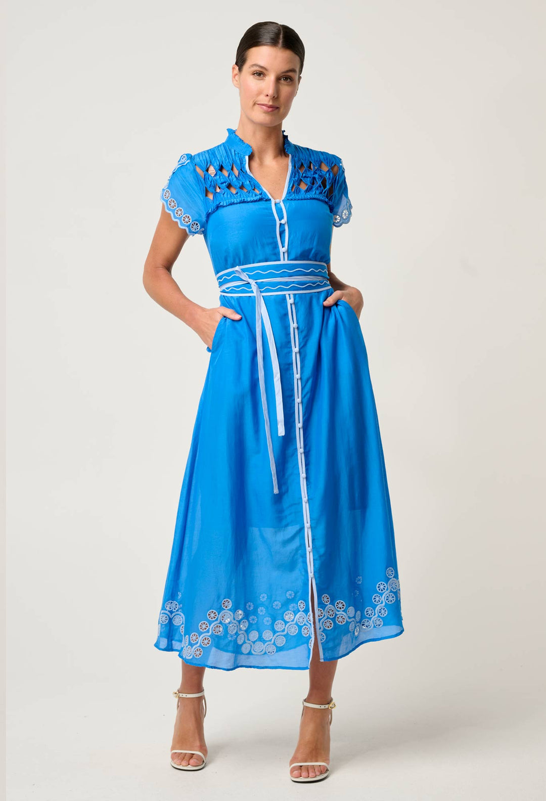 Xanthia Diamond Smock Yoke Silk Cotton Embroidered Dress in Blue Topaz Dress Once Was