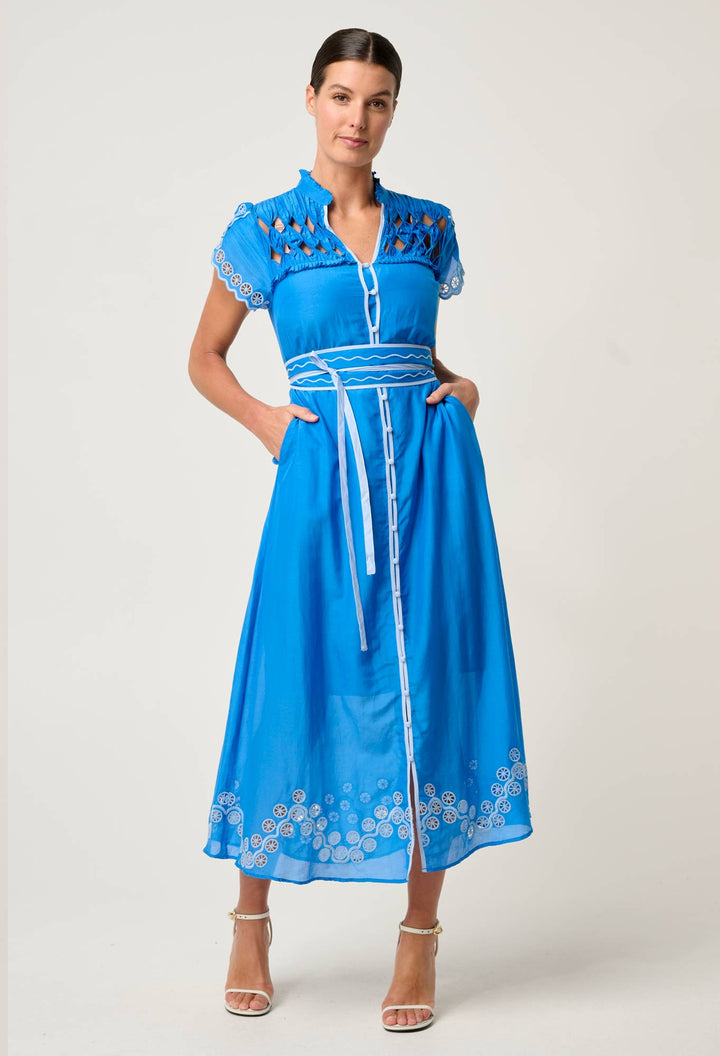 Xanthia Diamond Smock Yoke Silk Cotton Embroidered Dress in Blue Topaz Dress Once Was