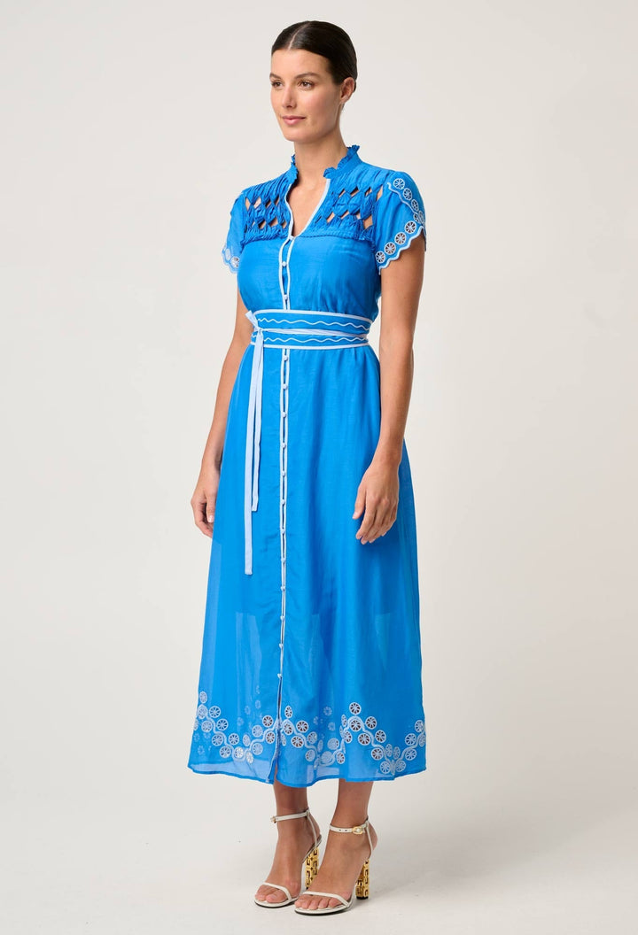 Xanthia Diamond Smock Yoke Silk Cotton Embroidered Dress in Blue Topaz Dress Once Was