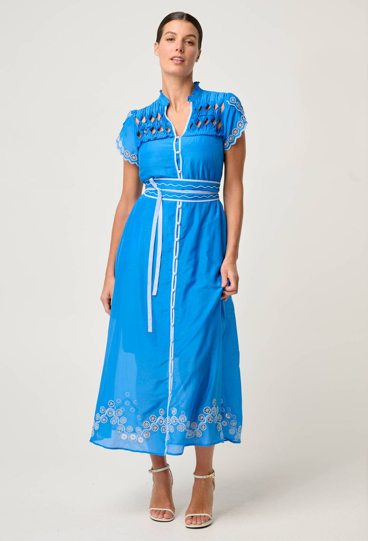 Xanthia Diamond Smock Yoke Silk Cotton Embroidered Dress in Blue Topaz Dress Once Was