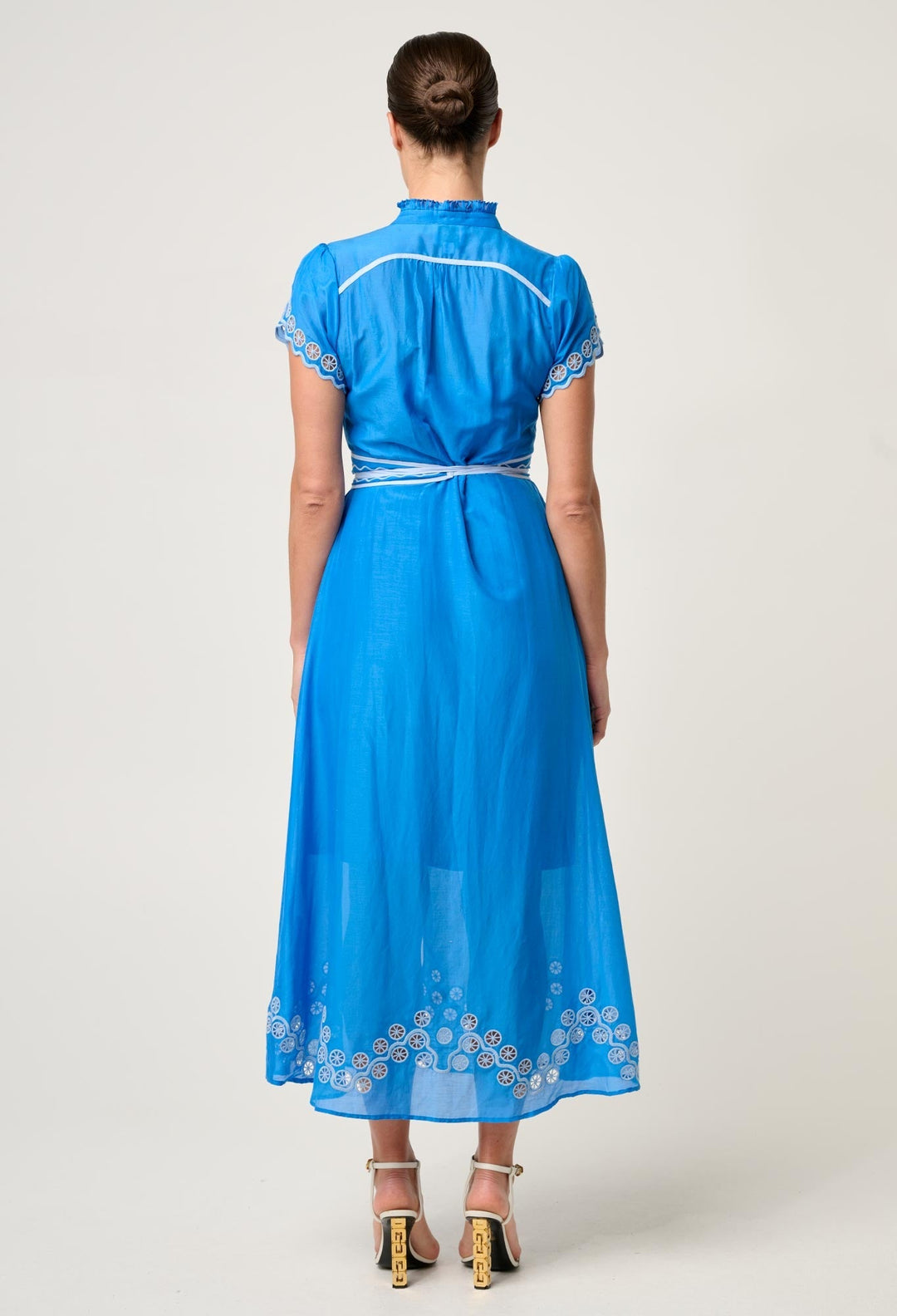 Xanthia Diamond Smock Yoke Silk Cotton Embroidered Dress in Blue Topaz Dress Once Was