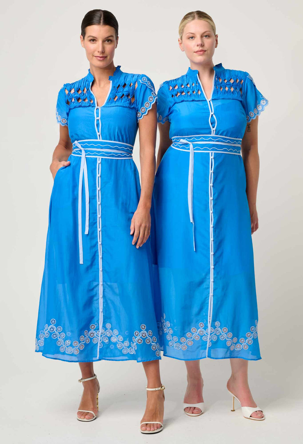 Xanthia Diamond Smock Yoke Silk Cotton Embroidered Dress in Blue Topaz Dress Once Was
