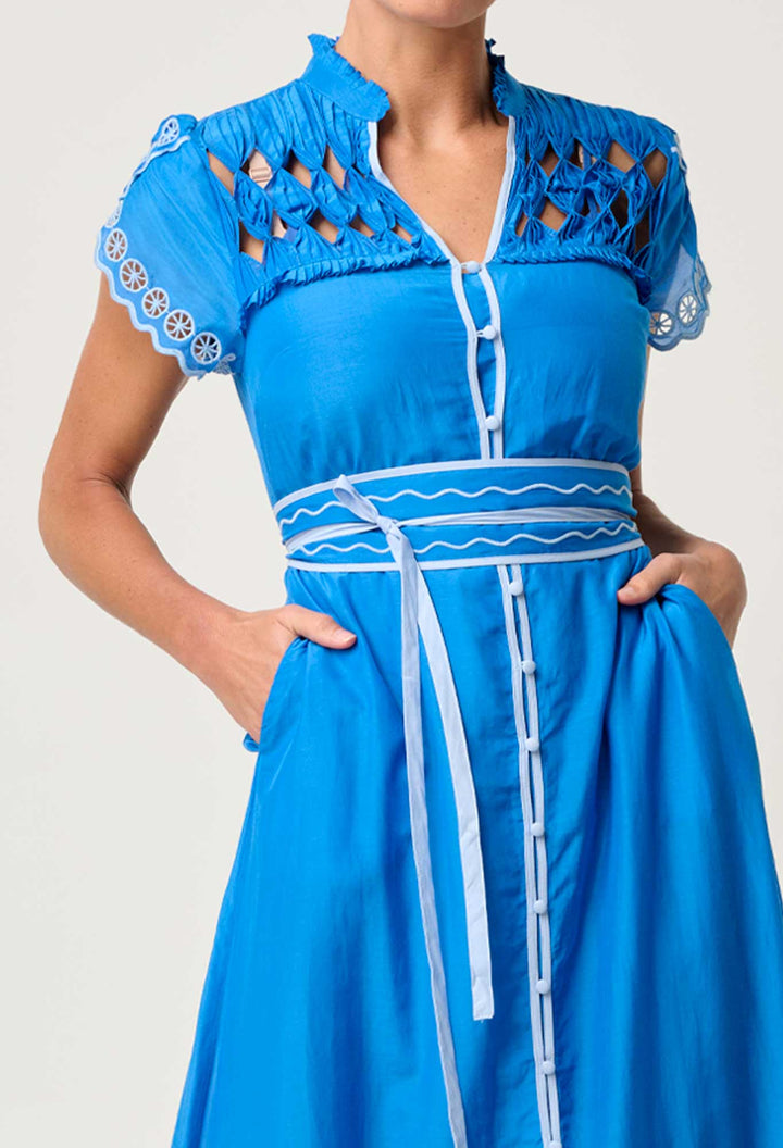 Xanthia Diamond Smock Yoke Silk Cotton Embroidered Dress in Blue Topaz Dress Once Was