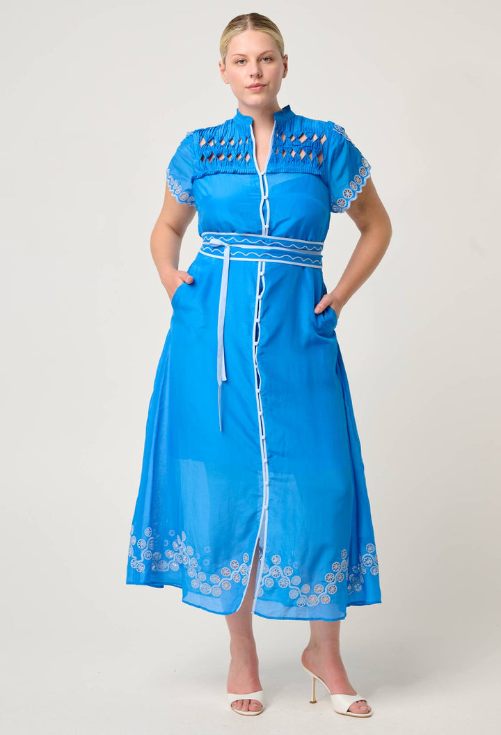Xanthia Diamond Smock Yoke Silk Cotton Embroidered Dress in Blue Topaz Dress Once Was