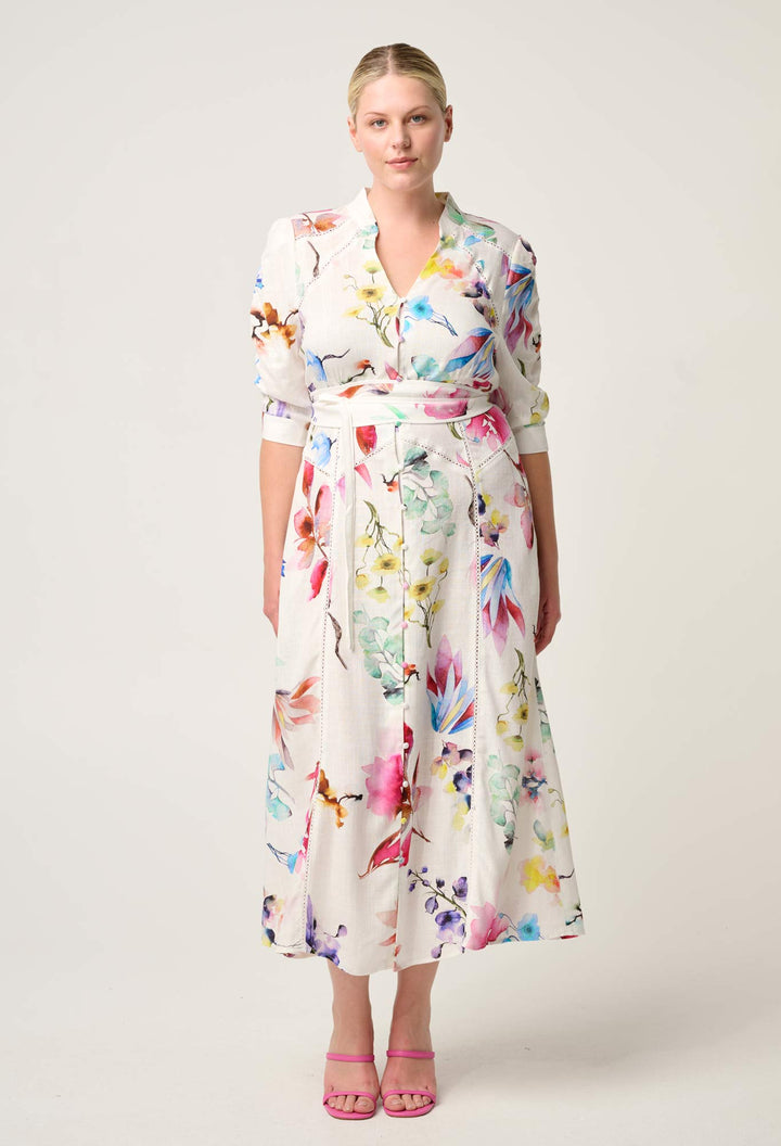 Xenia Yoke Linen Viscose Dress in Plume Blossom dress Once Was