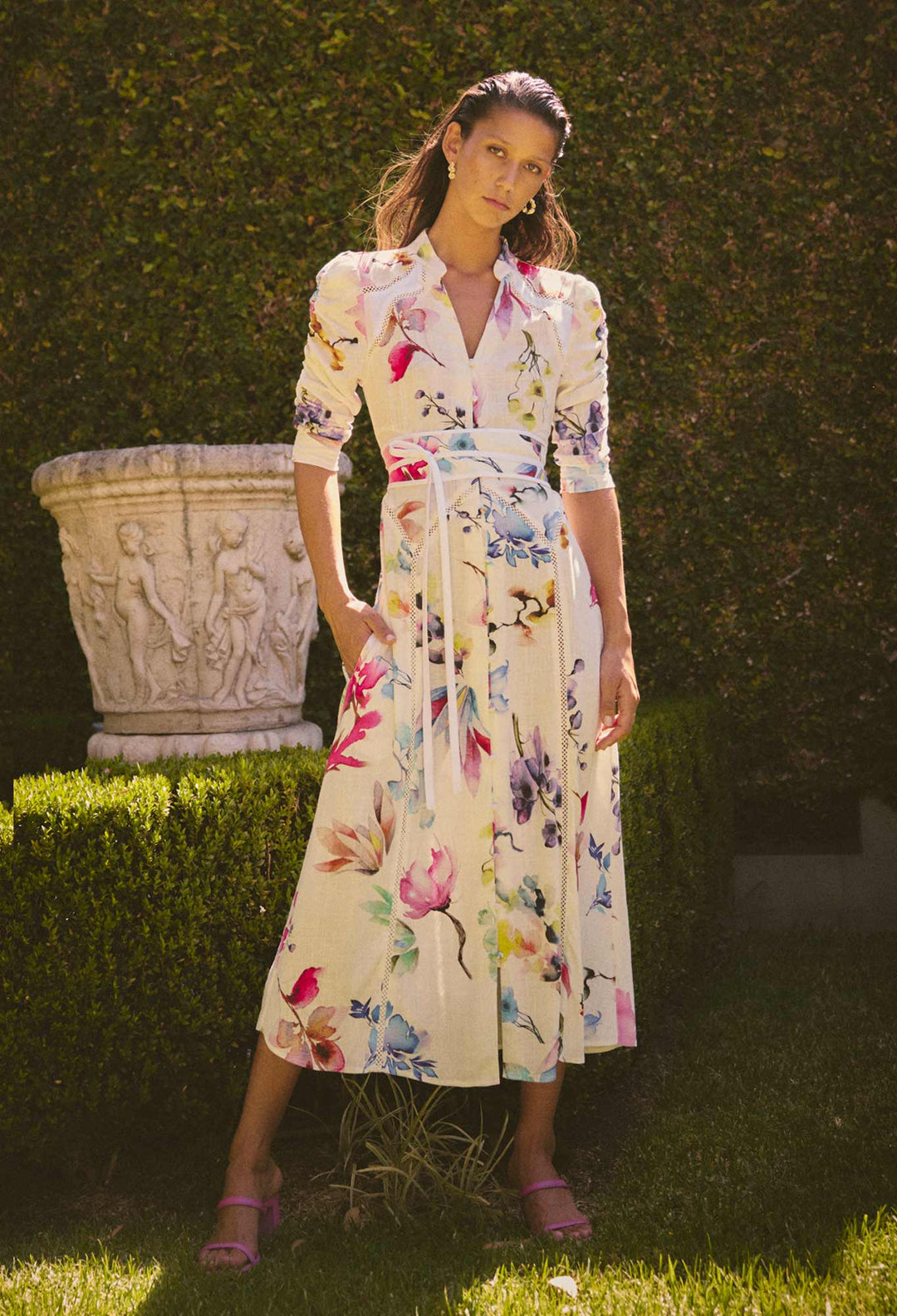 Xenia Yoke Linen Viscose Dress in Plume Blossom dress Once Was