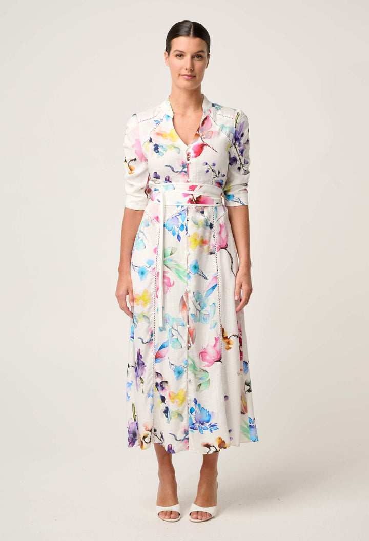 Xenia Yoke Linen Viscose Dress in Plume Blossom dress Once Was