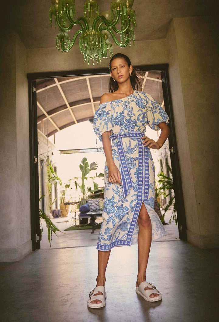 Zenobia Viscose Dobby Midi Skirt in Azure Mosaic skirt Once Was