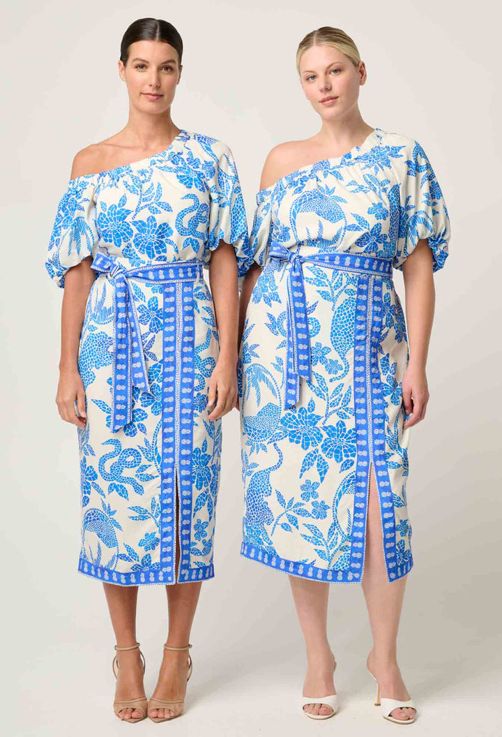 Zenobia Viscose Dobby Midi Skirt in Azure Mosaic skirt Once Was