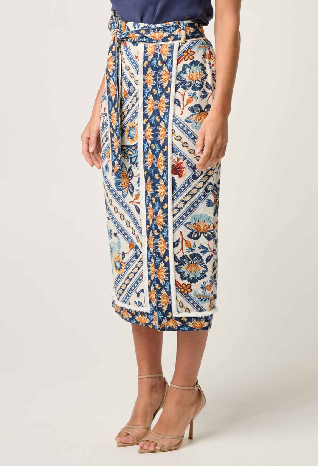 Zenobia Viscose Fringe Midi Skirt in Petinos Floros skirt Once Was