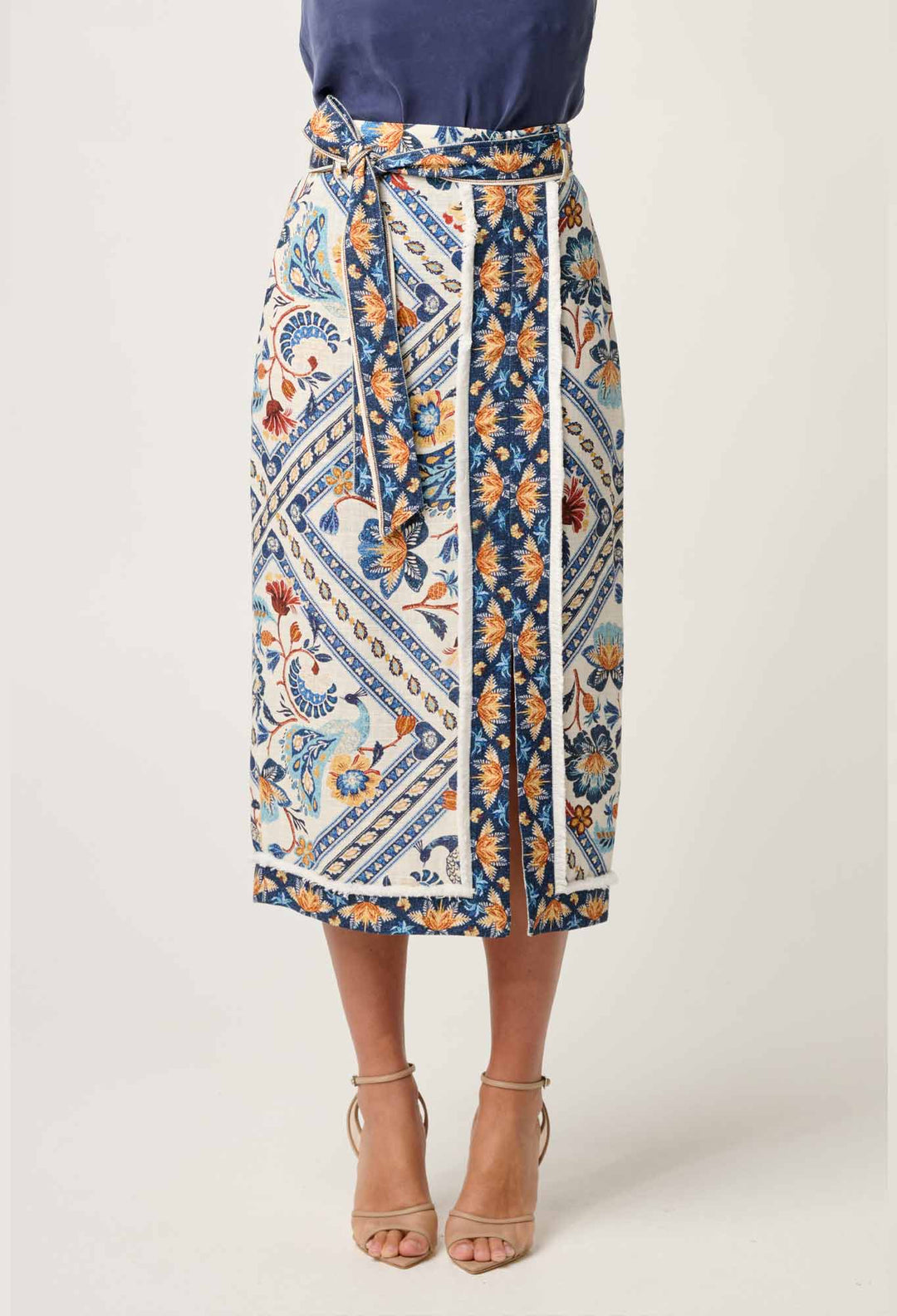 Zenobia Viscose Fringe Midi Skirt in Petinos Floros skirt Once Was