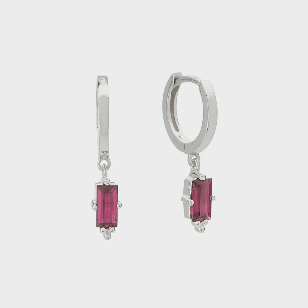 Murkani Huggie with Hanging Pink Rhodolite Baguette Earrings Murkani Jewellery   
