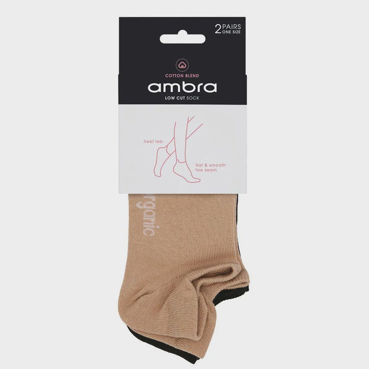 AMBRA Organic Cotton Low Cut Socks 2 Pair Pack - Taupe/Black Undergarments Ambra