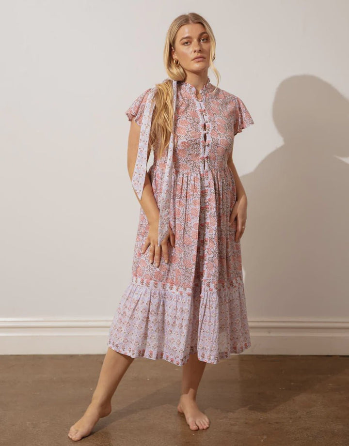 Azure and Indigo Cornflour Ruffle Collar Dress Midi - Silver Rose dress Azure and Indigo