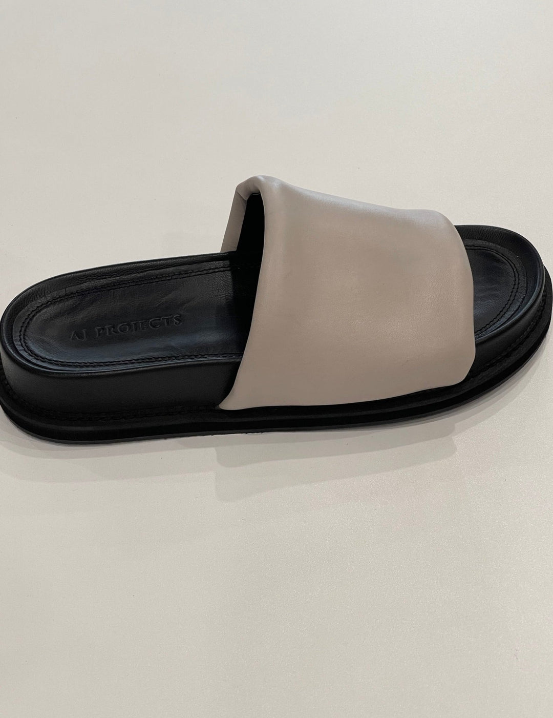 Beige / Black Puffy Slides shoes AJ Projects