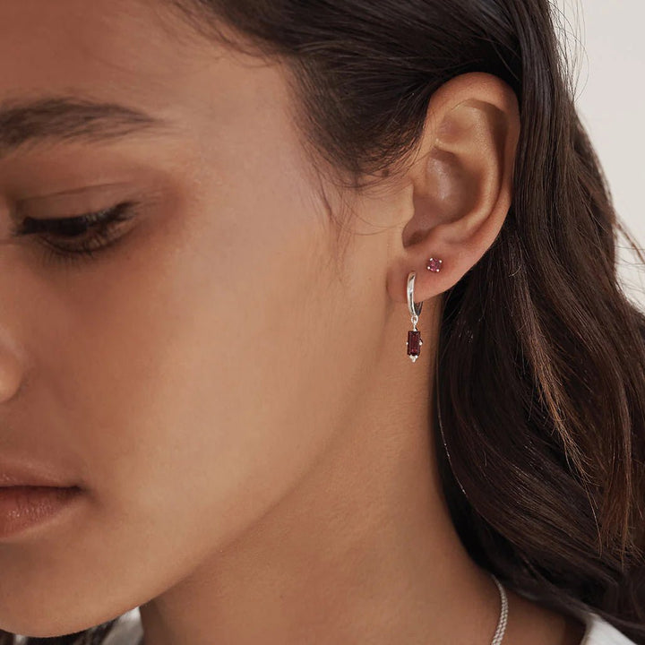 Murkani Huggie with Hanging Pink Rhodolite Baguette Earrings Murkani Jewellery