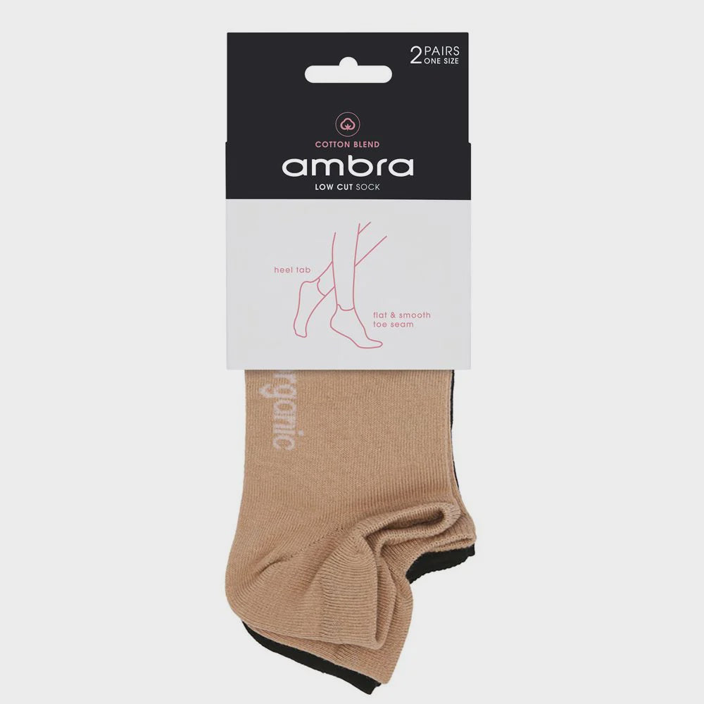 AMBRA Organic Cotton Low Cut Socks 2 Pair Pack - Taupe/Black Undergarments Ambra   