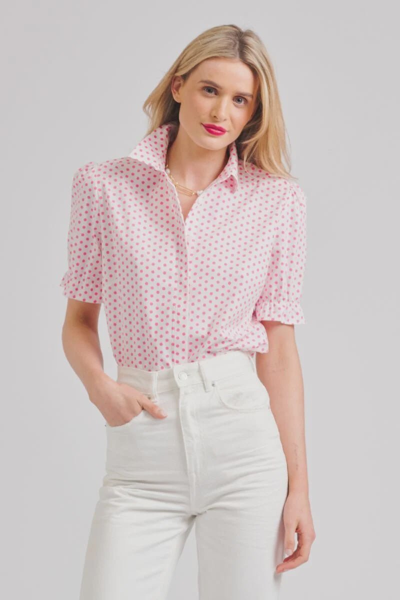 The Serena Relaxed Short Sleeve Shirt - White/Pink Spot Shirts Shirty