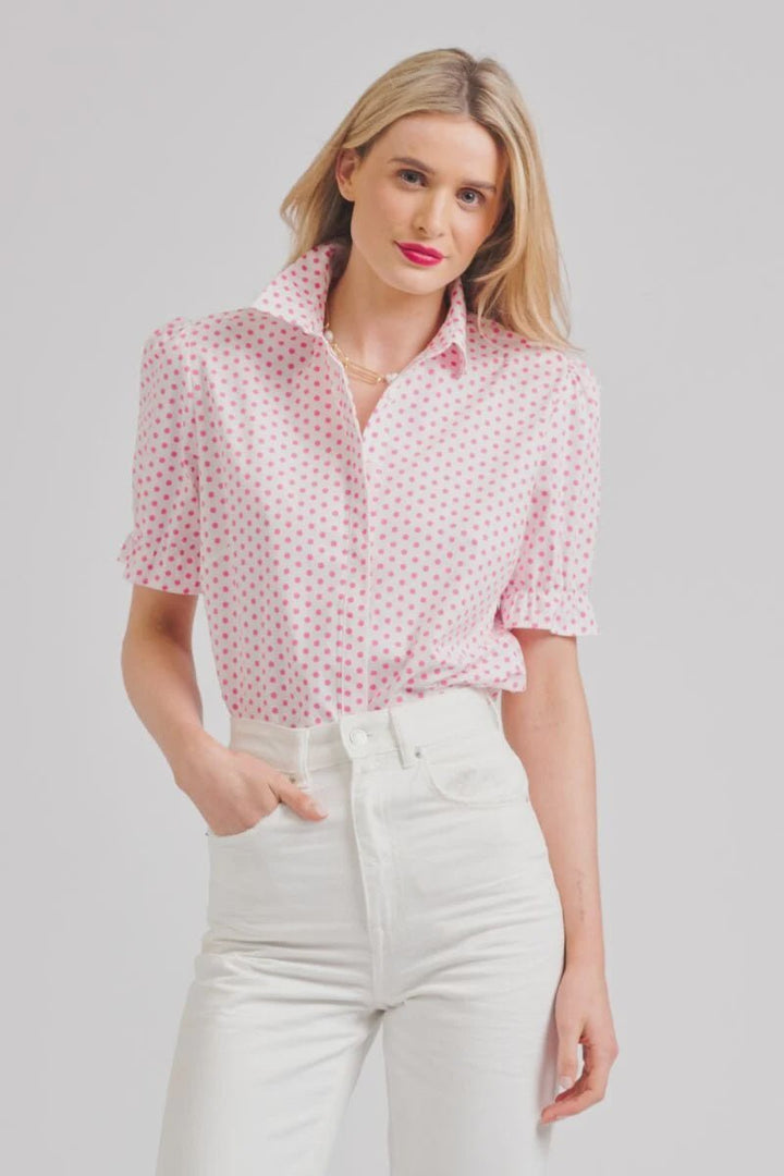 The Serena Relaxed Short Sleeve Shirt - White/Pink Spot Shirts Shirty